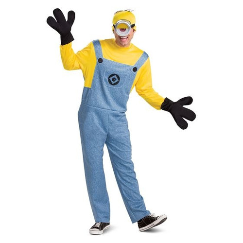 Despicable Me Minion Deluxe Adult Stuart costume. This polyester costume includes a printed jumpsuit, a yellow beanie with hair, character goggles with one eye, and a pair of three finger black gloves. Shoes not included. Available in adult sizes Medium (38 - 40) and X Large (42 - 46).