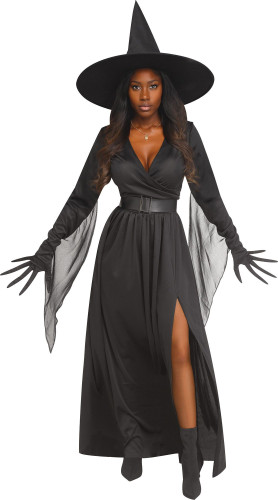 Black Magic Witch Adult. This polyester costume includes a black gown with draping sleeves, a belt, a classic pointed hat, and a pair of long fingered gloves. Available in adult sizes Small / Medium (2 - 8), and Medium / Large (10 - 14)