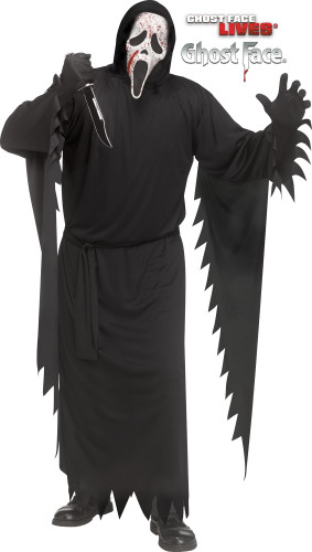 Ghost Face Splatter Adult. This polyester costume features a black hooded robe with draping sleeves, a tie belt, and a mask with a splatter of red. Shoes, gloves, and knife not included. One size fits adults up to 6ft, 200lbs.