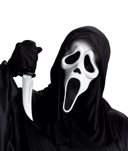 Ghost Face Mask and Knife. This over the head mask features an attached black shroud, paired with a prop plastic knife (measuring about 10in). One size fits most adults and older teens.