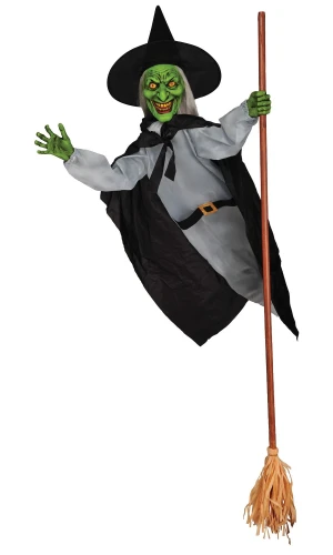 Flying Witch Prop. This plastic and fabric prop features a green witch holding on to a broom, appearing to be flying in the wind. Adjust its pose with its supporting wires. Package includes a witch figure with top of broom pole, broom straw section for the bottom, 4 pole sections, and 1 ground stake. Some assembly required. Measures 5.8ft.