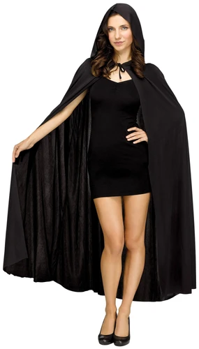 Black Hooded Cape. This black polyester fabric cape features a hood with a tie closure. Package includes cape only. Measures 68in. One size fits most up to 6ft, 200lbs.