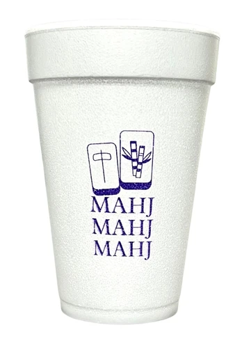 Mahjong Styrofoam Cups. These 16 oz white Styrofoam Cups feature "MAHJ" stacked three times underneath two Mahjong pieces in purple ink. Printed on both sides. Each sleeve includes 25 durable cups, perfect for hot or cold drinks at your get together!