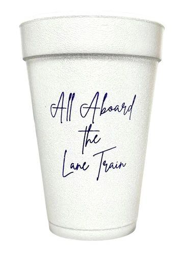 Lane Train Styrofoam Cups - Script side. These white styrofoam cups feature "All Aboard the Lane Train" in a thin script on one side and a graphic of a train with a tiger face over an outline of Louisiana on the other side, all in purple ink. Package includes 25 count 16oz cups.
