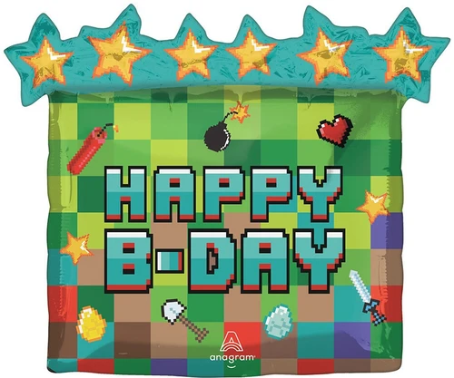 This shaped balloon features "HAPPY B-DAY" in blocky text on a multicolor pixel pattern, accented with weapons, tools, a health heart, and more, with shapes of stars along the top. Balloon is approximately 25 inches after inflation.
