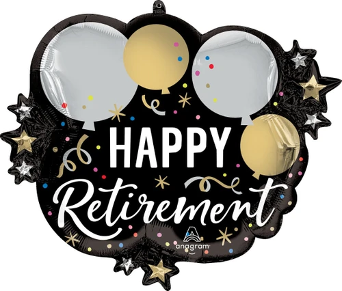 This Black Silver Gold Retirement Balloon is shaped around the text "HAPPY Retirement", accented with confetti, stars, and topped with balloon shapes. Balloon is approximately 28 inches after inflation.