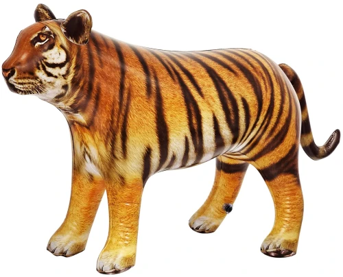 Inflatable Tiger. This three dimensional inflatable figure features a gradient print with realistic details. Meant as a standing decoration, not an interactive toy. Measures approximately 20in tall x 40in long x 12in wide once inflated.