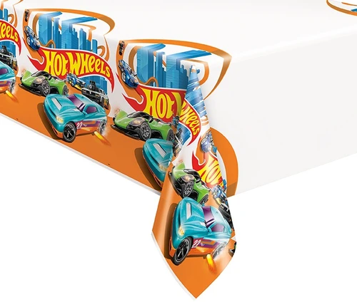 Hot Wheels Plastic Tablecover. This white, plastic rectangular tablecover features a border with an orange racetrack curving around a blue cityscape, covered in the Hot Wheels logo and colorful cars.