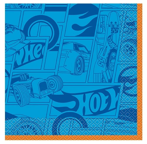 Hot Wheels Luncheon Napkins. These blue, 2 ply paper napkins feature a thin orange trim and a darker blue pattern of pieces of cars and the Hot Wheels logo. The underside is white with a car on an orange track underneath the Hot Wheels logo. Package includes 16 count napkins measuring 6.5in when folded.