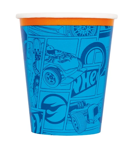 Hot Wheels Paper Cups. These paper cups with an orange trim feature a blue wrap around design with a darker blue pattern of pieces of cars and the Hot Wheels logo. Package includes 8 count paper cups measuring 9oz.