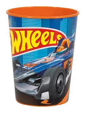 Hot Wheels Plastic Favor Cup. This orange plastic cups features a blue wrap around design of a blue cityscape with a looping orange track, a colorful speeding car, and the Hot Wheels logo. Package includes one cup measuring 16oz.