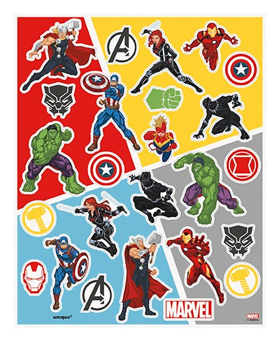 Marvel Avengers Sticker Sheets. Each sheet includes a variety of colorful stickers featuring characters like Thor, Iron Man, Black Widow, Captain America, Hulk, Captain Marvel, and Black Panther, along with their logos. Package includes 4 sticker sheets measuring 6in x 5in, 100 total stickers.