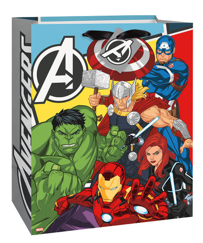 Marvel Avengers Gift Bag. This gift bag has a group shot of many characters such as Hulk, Thor, Captain America, Iron Man, and Black Widow. It comes with a black ribbon handle and a matching paper gift tag. Measures 12.9in x 10.25in x 5.5in.