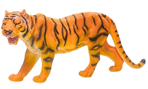 Plastic Tiger Figurine. In a walking pose with its jaws open, this plastic tiger is painted with realistic details. Measures about 10.25in long x 4.5in tall.