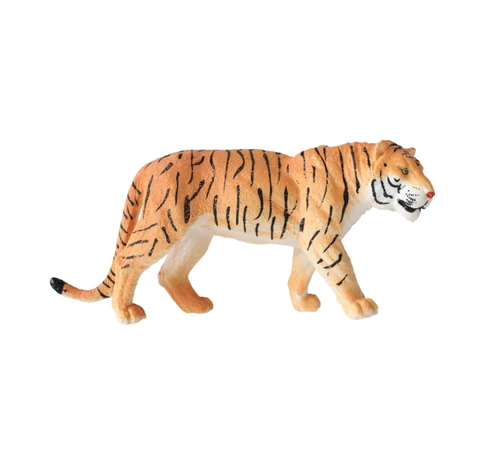 Plastic Tiger Mini Figurine. In a walking pose looking slightly to the side, this plastic tiger is painted with realistic details. Measures about 5in long x 2in tall.