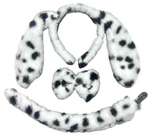 Dog Accessory Kit - Dalmatian. This kit includes a fluffy headband with long floppy ears along with a matching bowtie (about 4.25in) with white elastic and a clip on fluffy tail (about 13in) all in white with black spots. Package includes headband, bowtie, and tail. One size fits most.