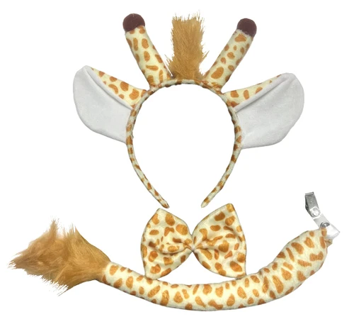 Giraffe Accessory Kit. This kit includes a fabric headband with ears, nubs, and a tuft of light brown hair, along with a matching bowtie (about 4in) with white elastic and a clip on tail (about 12in) all in a light yellow with brown spots. Package includes headband, bowtie, and tail. One size fits most.