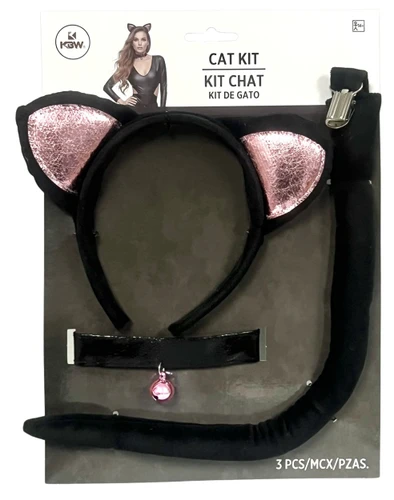 Black Cat Accessory Set. This kir features a cat ears headband accented with shimmery pink, a smooth clip on tail, and a faux leather collar with a small pink jingle bell. One size fits most adults and teens.