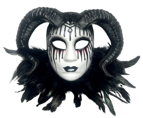 Gothic Black and White Masquerade Mask. This white plastic mask features painted details of black lips, dripping black eyeliner, and a touch of pink under the eyes. The forehead embellished with black lace, black acrylic gemstones, and a single white plastic pearl, this mask also features black plastic ram horns and a collar of luxurious black feathers. Attaches to the face with an over the head network of black elastic. One size fits most adults.