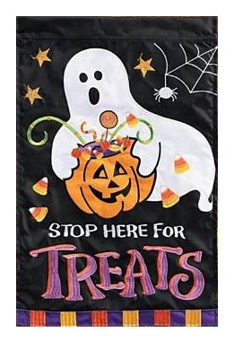 Stop Here for Treats Garden Flag! This black double applique flag features a ghost holding a Jack O Lantern pail overflowing with candy among stars and a spiderweb all above the text "STOP HERE FOR TREATS." Measures 13in x 18in.