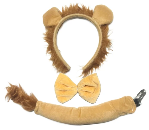 Lion Accessory Kit. This kit includes a fabric headband with ears and tufts of brown faux fur, along with a matching bowtie (about 4in) with white elastic and a clip on tail (about 11.5in) all in a light brown fabric. Package includes headband, bowtie, and tail. One size fits most.