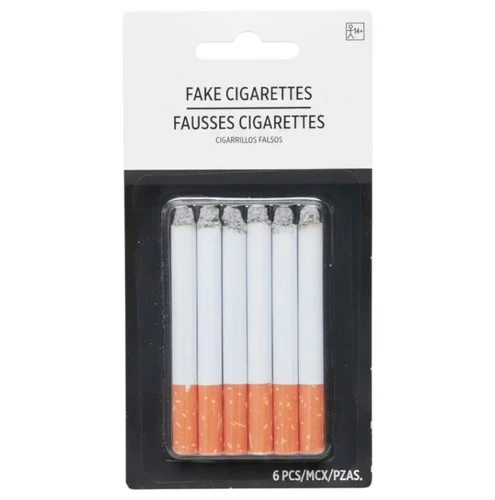 Fake Cigarettes. These realistic novelty items feature grey and red ash tips that look like a lit cigarette. Package includes 6 count 3in cigarettes.