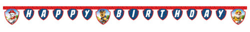 Paw Patrol Happy Birthday Jointed Banner. This printed cardstock banner features pennants in the shapes of navy blue shields with red trim that spell "HAPPY BIRTHDAY" in white letters, with portraits on the sides and one spacing the two words showcasing characters Marshall, Chase, and Rubble. The underside is brown cardstock. Measures about 6.5in x 79in.