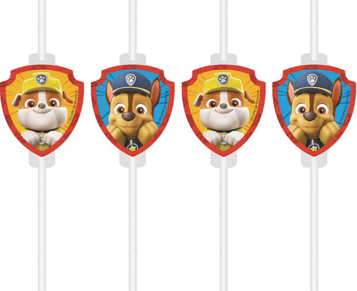 Paw Patrol Paper Straws. These white paper straws feature printed cardstock portraits of characters Chase and Rubble. Package includes 4 count straws measuring 8.5in.