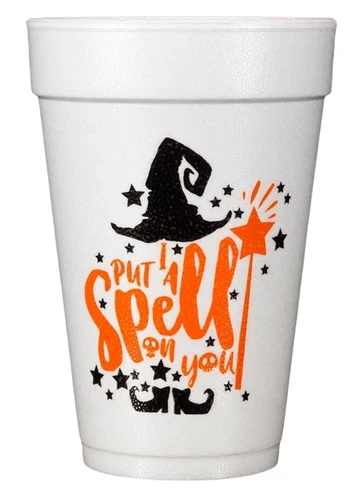 I Put a Spell on You Styrofoam Cups. White Styrofoam Cups, featuring "I PUT A SPELL ON YOU" in orange text beside a large wand, accented with black stars, witch hat, and witch shoes. Perfect for hot or cold drinks at your Halloween party. Printed on both sides. Package includes 10 count cups, measuring 16oz.