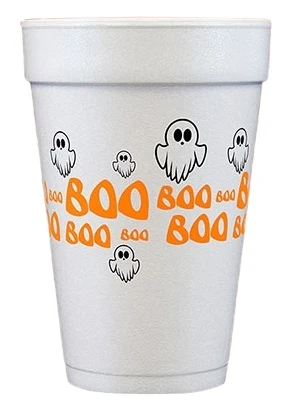 Boos Styrofoam Cups. White Styrofoam Cups, featuring "BOO" in orange text repeating in multiple sizes, accented with black outlines of bedsheet ghosts. Perfect for hot or cold drinks at your Halloween party. Printed on both sides. Package includes 10 count cups, measuring 16oz.