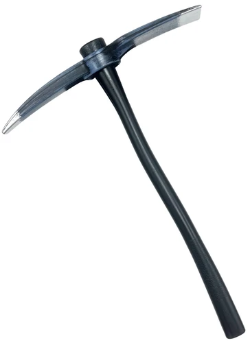 Plastic Pickaxe Prop. This plastic pickaxe features a black handle and greyish blue axe head with black and silver details. Handle measures about 23.75in long, pick measures about 16.75in long.