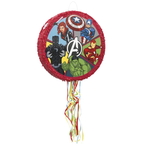 Avengers Pull String Pinata. This circular pinata features red tissue paper fringe and a printed emblem of the Avenger's logo surrounded by multiple iconic heroes in action poses, including Captain America, Iron Man, Hulk, Black Panther, and Black Widow, along colorful pull strings that make it easy and safe for everyone to enjoy. Measures about 19in in diameter x 4in thick.