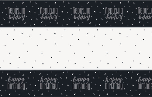 Birthday Glitz Plastic Tablecover. This white, rectangular plastic tablecover features a pattern of black and grey dots and black edges with "happy birthday" repeating in grey text among grey and white dots. Measures 54in x 84in.