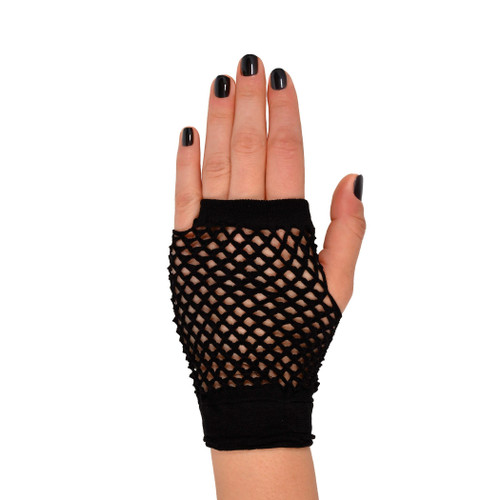 Short Fishnet Fingerless Gloves - Black. Package includes 1 count pair of black gloves. One size fits most.