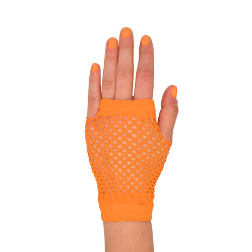 Short Fishnet Fingerless Gloves - Orange. Package includes 1 count pair of orange gloves. One size fits most.