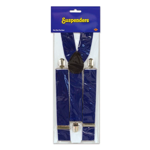 Blue Suspenders. These suspenders feature strong, adjustable straps with metal clips with a Y back design. One size fits most.