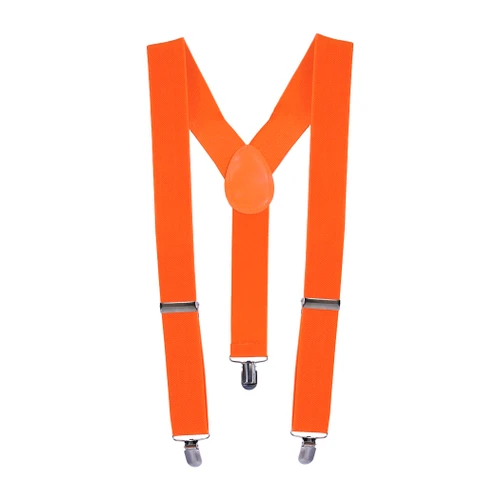 Orange Suspenders. These suspenders feature strong, adjustable straps with metal clips with a Y back design. One size fits most.