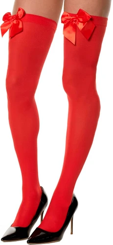 Thigh High Stockings with Red Bows. These stretchy red polyester stockings have red satin bows at the top. One size fits most adults.