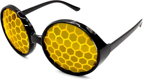 Bug Eyeglasses - Yellow. These large, round, black plastic frames feature yellow lenses with a brighter yellow pattern of hexagon outlines, similar to compound eyes. For novelty use only. One size fits most teens and adults.
