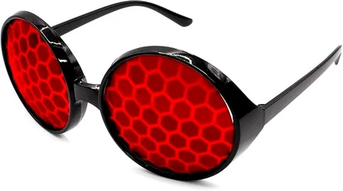 Bug Eyeglasses - Red. These large, round, black plastic frames feature red lenses with a brighter red pattern of hexagon outlines, similar to compound eyes. For novelty use only. One size fits most teens and adults.