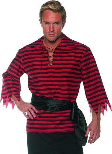 Red & Black Striped Pirate Shirt. This red and black horizontally striped shirt features a lace up neckline with ragged ends on elbow length sleeves. Sash not included. Available in adult One Size (neck 16.5, waist 34 - 48in, chest 42 - 46in), and X Large (neck 17-17.5in, waist 40in, chest 48in).