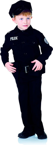 Police Uniform Child Costume. This costume features a black uniform with patches along with a matching hat, a belt and holster, a utility pouch, and handcuff pouch. Shoes not included. Available in child sizes Small (4 - 6), Medium (6 - 8), and Large (10 - 12).