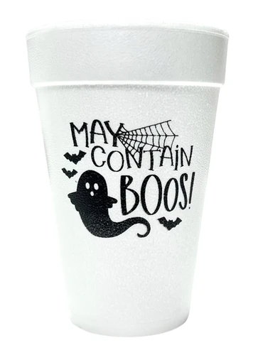 May Contain Boos Styrofoam Cups. White, featuring "MAY CONTAIN BOOS!" in a black text, accented with a ghost, a spiderweb, and tiny bats. Each sleeve includes 25 durable cups, 16 oz, perfect for hot or cold drinks at your Halloween party. Printed on both sides.