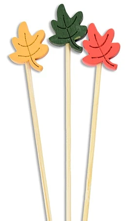 Maple Leaf Bamboo Skewers. These bamboo picks feature small wooden maple leaves at the top in dark orange, dark green, and deep yellow. Package includes 12 count picks measuring about 5.1in.