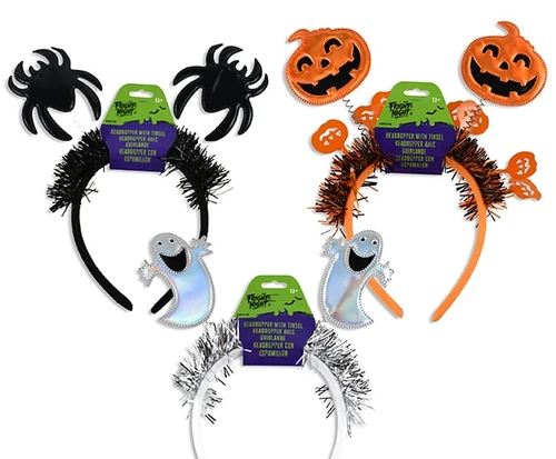 Halloween Tinsel Headband. This fabric covered plastic headband features character headboppers in three different designs, including a white headband with silver tinsel and iridescent ghosts, a black headband with spiders, and an orange headband with orange and black tinsel and orange Jack O Lanterns. Desired style not guaranteed. Package includes 1 count headband. One size fits most.