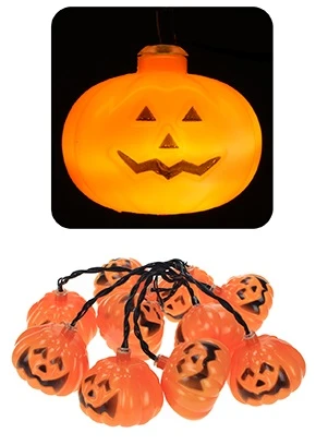 Halloween String Lights - Jack O Lantern. These indoor lights feature ten plastic shapes of either orange Jack O Lanterns or white eyeballs with blue irises that light up with a batterie operated switch. Two AA batteries required, not included. Desired style not guaranteed. Package includes one count strand of lights measuring about 62.2in.