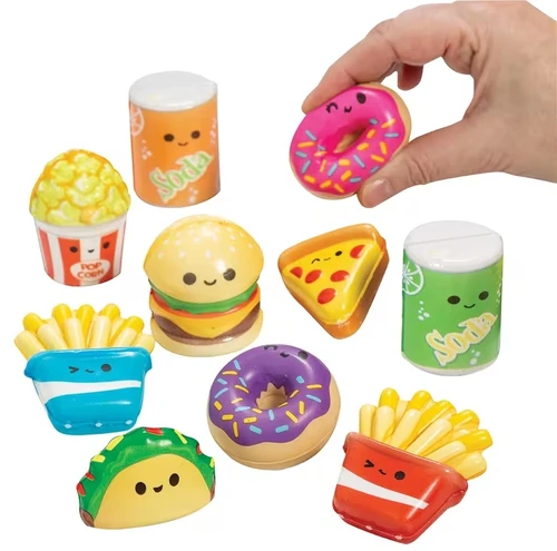 Mini Fast Food Squishy Toy. Available in a variety of iconic snack shapes, this squishy foam toy features a cute, simple face. Desired style not guaranteed. Package includes 1 count toy measuring about 1.5in.