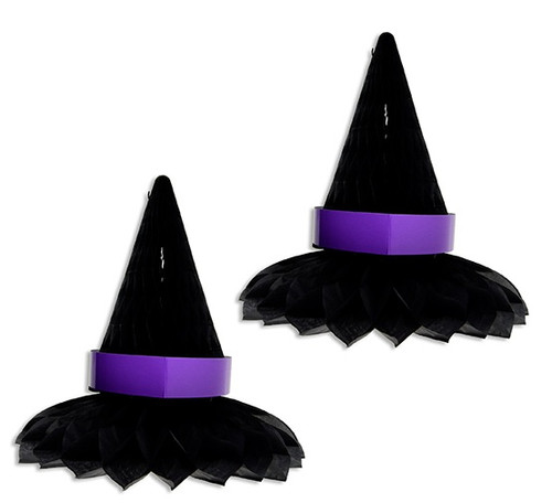 Honeycomb Witch Hat Hanging Decorations. These tissue paper decorations feature black witch hats with purple cardstock hat bands. Some assembly required. Package includes 2 count decorations measuring about 8in when assembled.