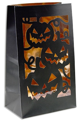 Halloween Luminary Paper Treat Bags - Jack O Lantern. These black die cut paper bags feature a layer of shimmery orange gold foil, resembling a lit up luminary bag. Available in Haunted House and Jack O Lantern designs. Desired style not guaranteed. Package includes 3 count bags measuring 8.7in x 5.1in x 3in.