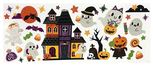 Halloween Glitter Cling Stickers - Set 1 Single House. These sticker clings feature ghosts, bats, haunted houses, pumpkins, and more in a cute cartoony style and accents of iridescent glitter. Available in two different sets. Desired set not guaranteed. Sheet measures 19in x 7.9in with stickers of various shapes and sizes.